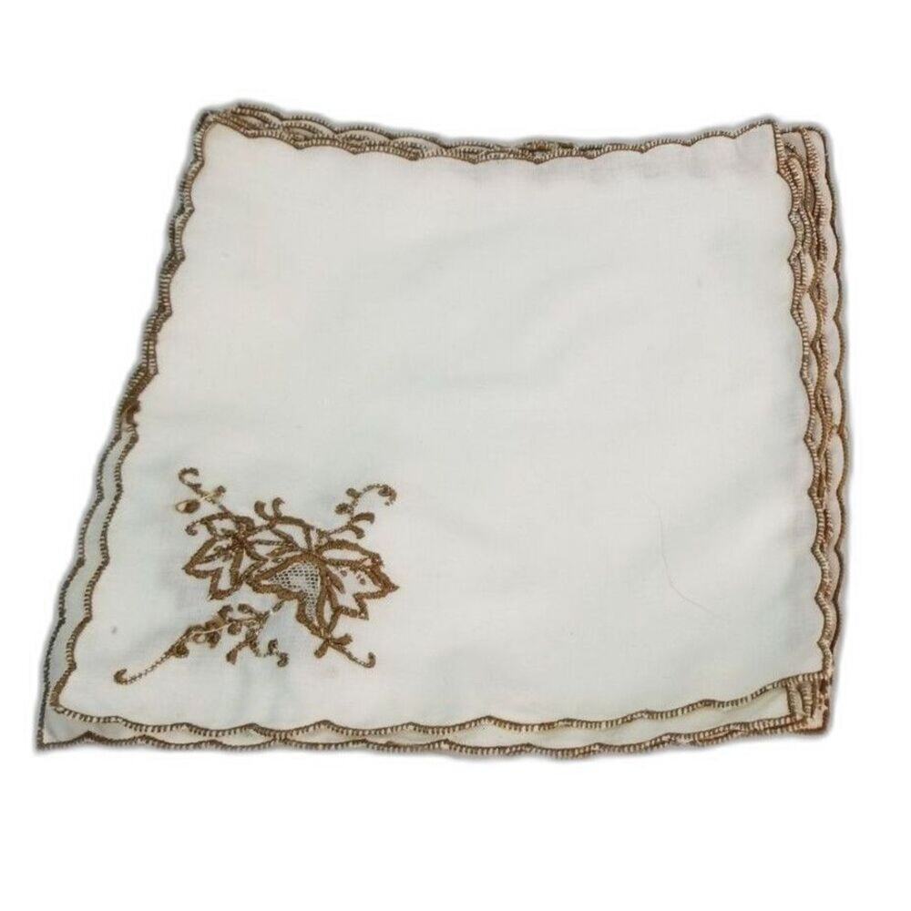 1970s White Gold Cloth Embroidered Cocktail Napkin Glass Cover Set of 11